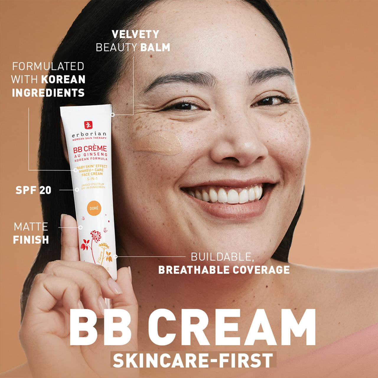 Erborian BB Cream with Ginseng, Doré (Golden/Tan) - Lightweight Buildable Coverage with SPF 20 & Ultra-Soft Matte Finish Minimizes Pores & Imperfections - Korean Face Skincare - 0.5 Oz