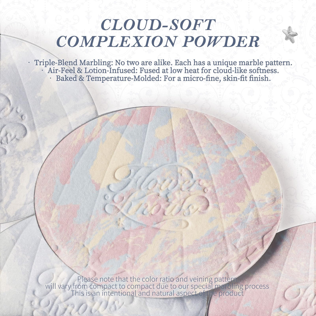 Flower Knows Shell's Jewel Collection Baked Powder,Makeup & Setting Pressed Powder Compact with Mirror and Puff,Smooth Translucent Oil-Control Pore Blurring,0.32 Oz(01 Cloudy Blue)