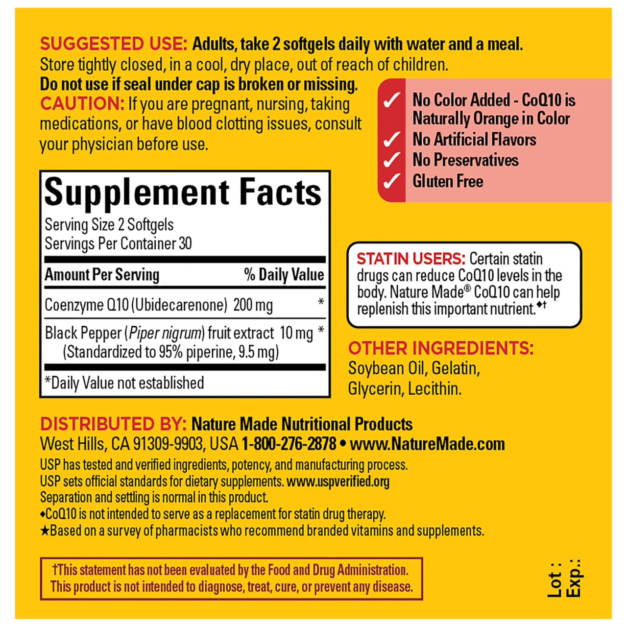 Nature Made CoQ10 200mg per Serving with Black Pepper Extract for Enhanced Nutrient Absorption, CoQ10 Supplement for Heart Health Support, 60 Softgels, 30 Day Supply