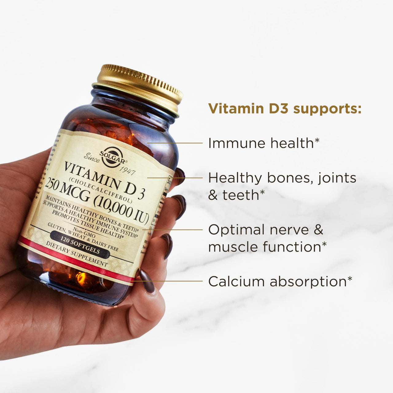 Solgar Vitamin D3 (Cholecalciferol) 250 MCG (10,000 IU), 120 Softgels - Helps Maintain Healthy Bones & Teeth - Immune System Support - Non GMO, Gluten/ Dairy Free - 120 Servings