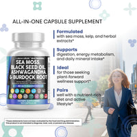 Thumbnail for Clean Nutraceuticals Sea Moss Black Seed Oil Ashwagandha Turmeric Bladderwrack Burdock & Vitamin C Vitamin D3 with Elderberry Manuka Dandelion Yellow Dock Iodine Chlorophyll ACV