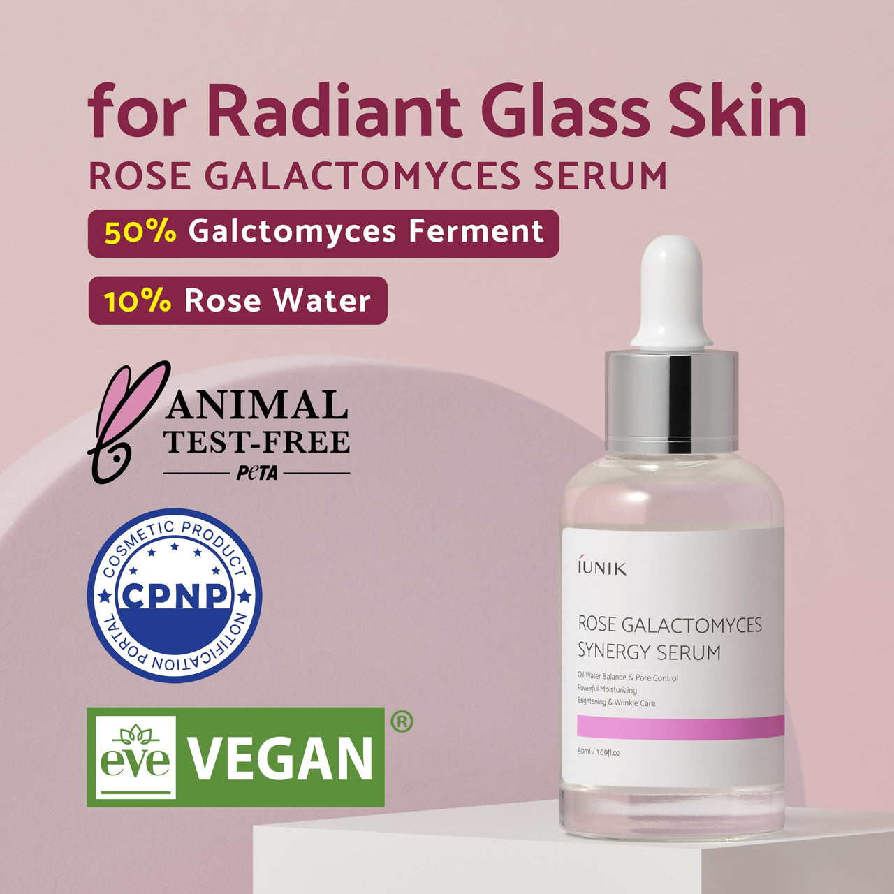 iUNIK Rose Galactomyces Synergy Vegan Face Serum 1.69 Fl Oz Naturally Fermented Rose Water Hydrating Ampoule Serum Deep Moisturizing Pore Minimizing Alcohol-free Chemical-free Korean Skincare