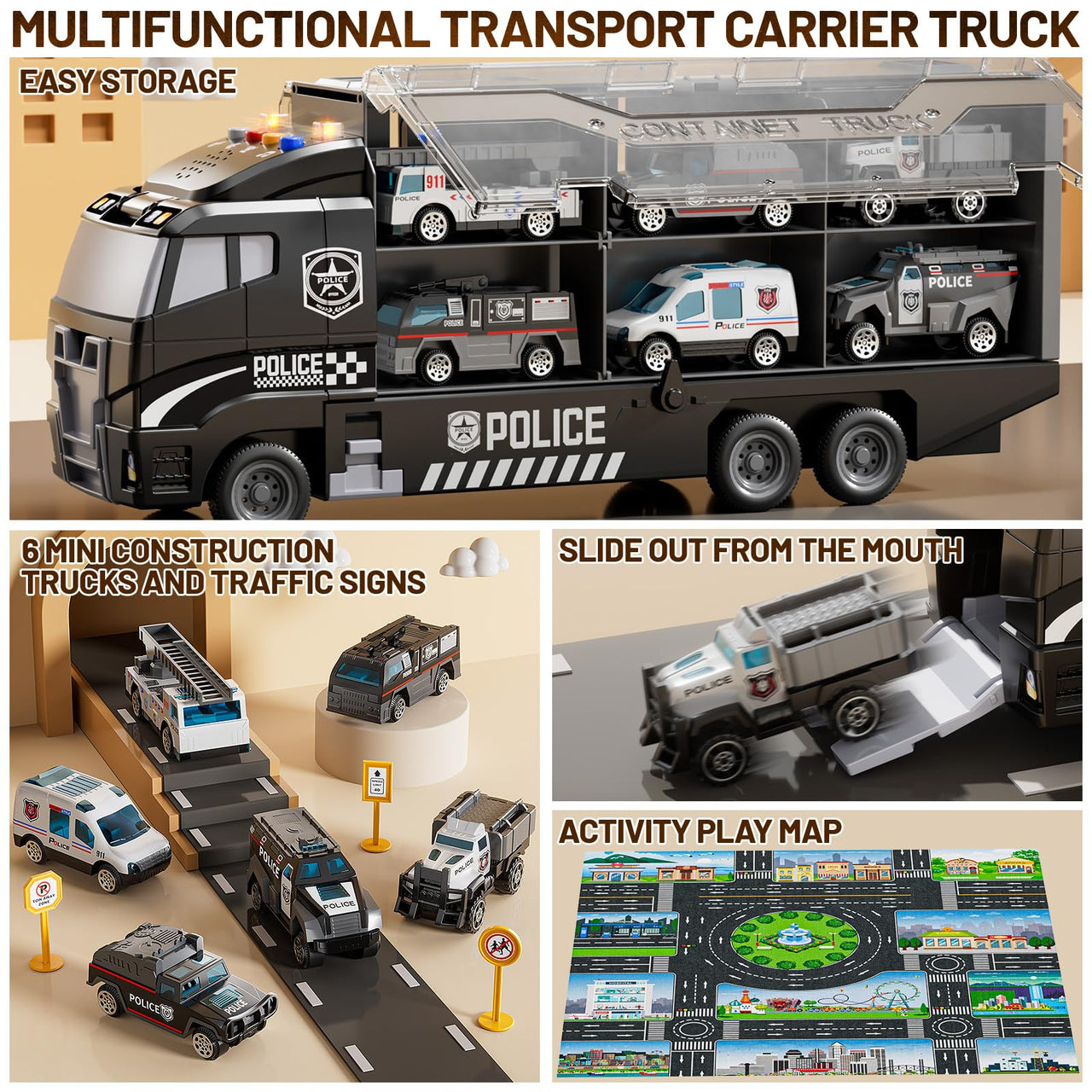 XINNOVEL Carrier Truck Toddlers Toys for 3 4 5 6 7 Years Old Boys, Toy Truck Transport Car & Die-Cast Car and Play Mat, Police Car Toys Birthday Gifts for Kids 3 4 5 6 7 8+ Years Old Boys Girls