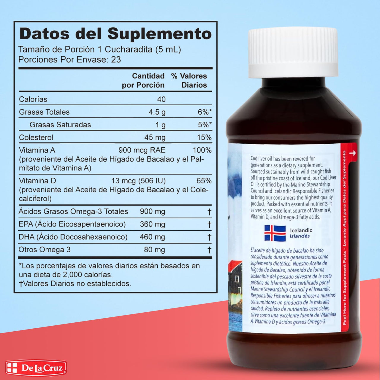 De La Cruz Cod Liver Oil Liquid Pure Wild Caught Icelandic Fish Oil Rich in Vitamin D & Omega 3 Fish Oil, Omega 3 Supplements 4 FL OZ (118 mL)