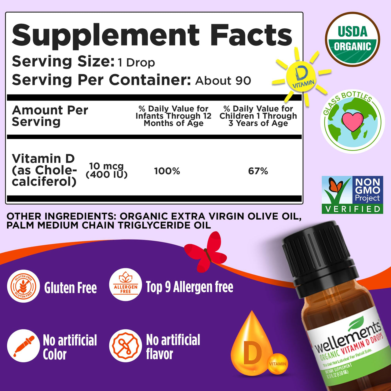 Wellements Baby Organic Vitamin D Drops for Infants & Toddlers (90-Day Supply) - Certified Newborn+ Liquid Vitamin D3 Drops, Support Healthy Growth & Bone Development 400 IU per Drop (1 Drop Daily)