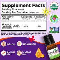 Thumbnail for Wellements Baby Organic Vitamin D Drops for Infants & Toddlers (90-Day Supply) - Certified Newborn+ Liquid Vitamin D3 Drops, Support Healthy Growth & Bone Development 400 IU per Drop (1 Drop Daily)