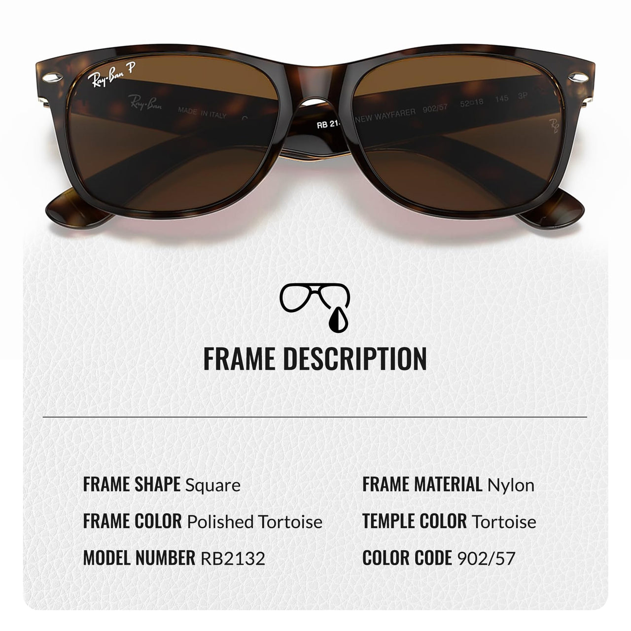 Ray-Ban RB2132 NEW WAYFARER Classic Polarized Square Shape Sunglasses With Eyewear Kit Bundle - High Bridge Fit - Casual Wear Square Sunglasses