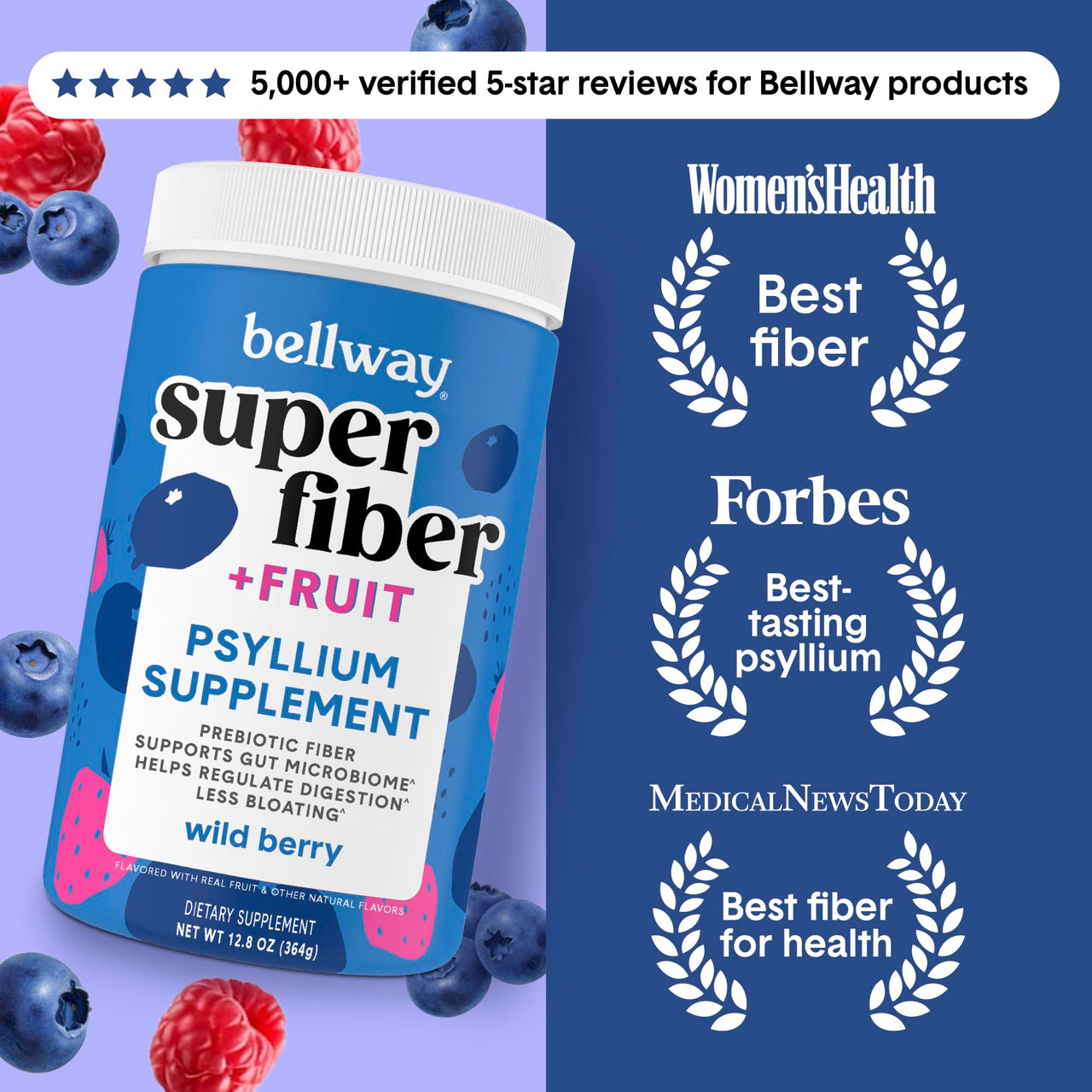 Bellway Super Fiber Powder + Fruit, Sugar Free Organic Psyllium Husk Powder Fiber Supplement for Regularity, Bloating Relief & Digestive Health, Plant-Based, Wild Berry (50 Servings)