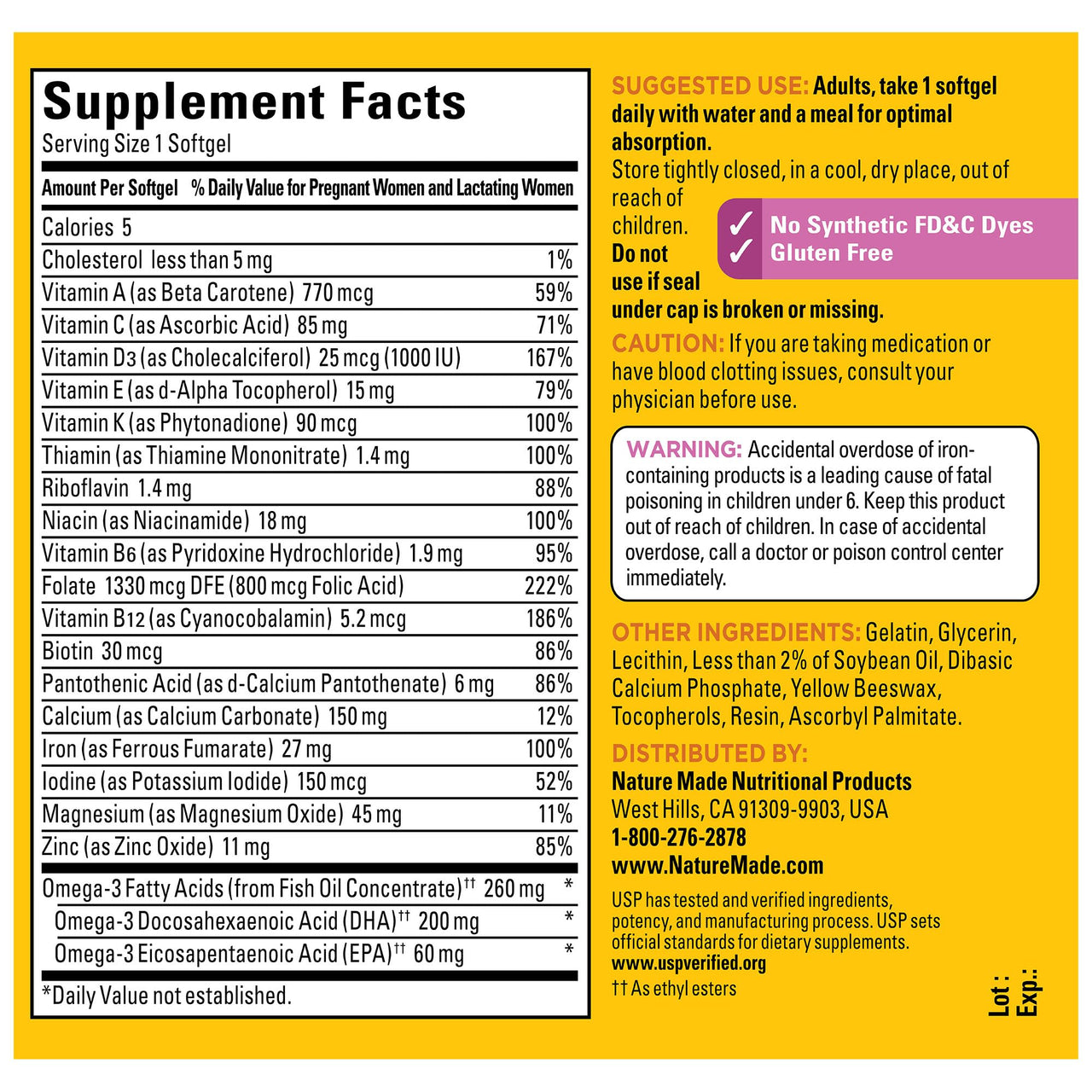 Nature Made Prenatal with Folic Acid + DHA, Prenatal Vitamin and Mineral Supplement for Daily Nutritional Support, 110 Softgels, 110 Day Supply
