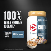Thumbnail for Dymatize ISO100 Whey Protein Powder Isolate, Cinnamon Cereal, 25g of Protein, 5.5g BCAAs, Less Than 120 Cal., Gluten Free, 1g Fat, 1g Sugar, 2g Carb (20 Servings)
