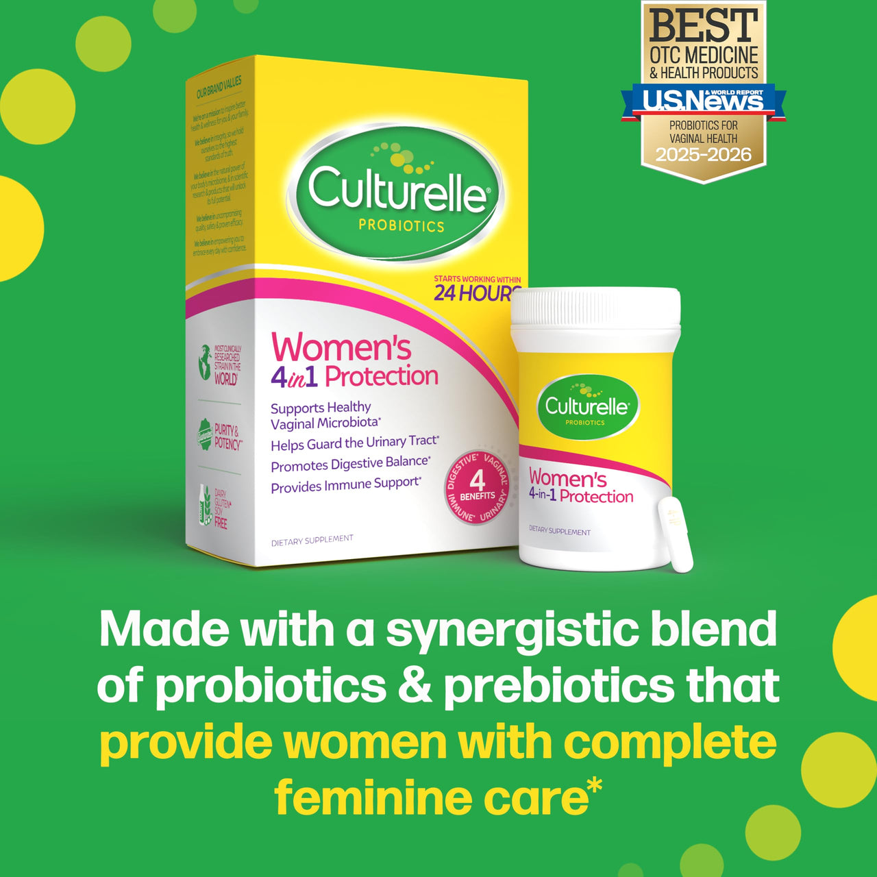 Culturelle 4-in-1 Probiotics for Women, Daily Probiotic & Prebiotic Supplement to Support Vaginal Health, Digestive Health, Immune Health, Occasional Diarrhea, Gas & Bloating Relief, Non-GMO, 30 Count