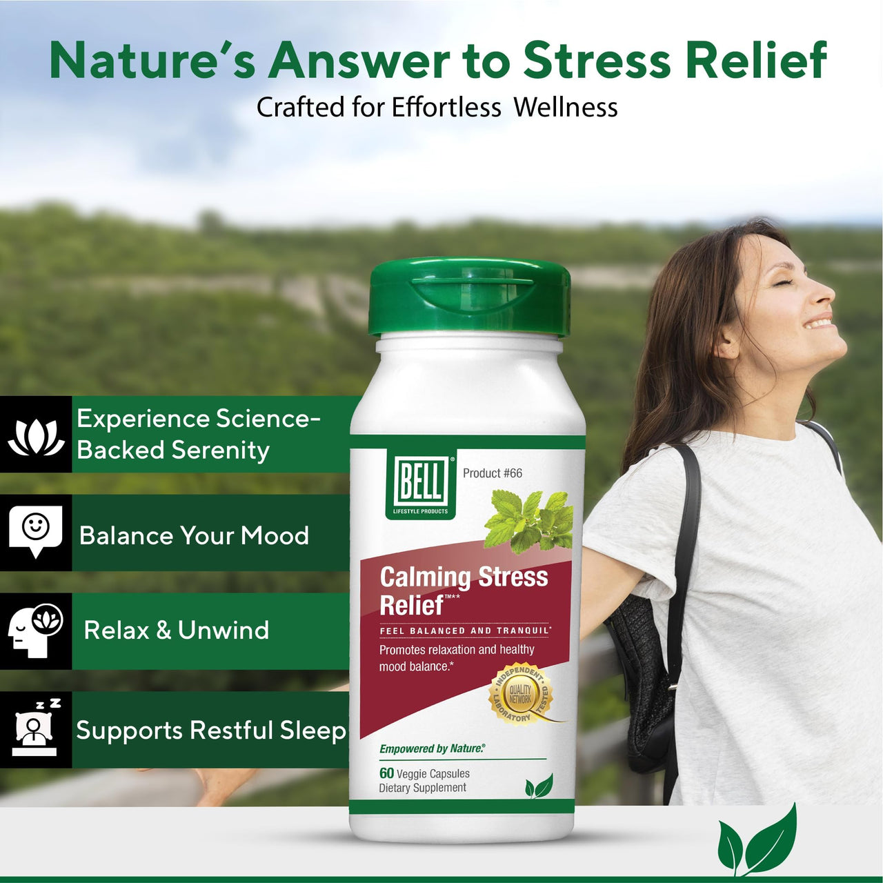 Bell Lifestyle Calming Stress Relief Herbal Blend with 5-HTP & GABA for Stress Support and Relaxation, 60 Veggie Capsules
