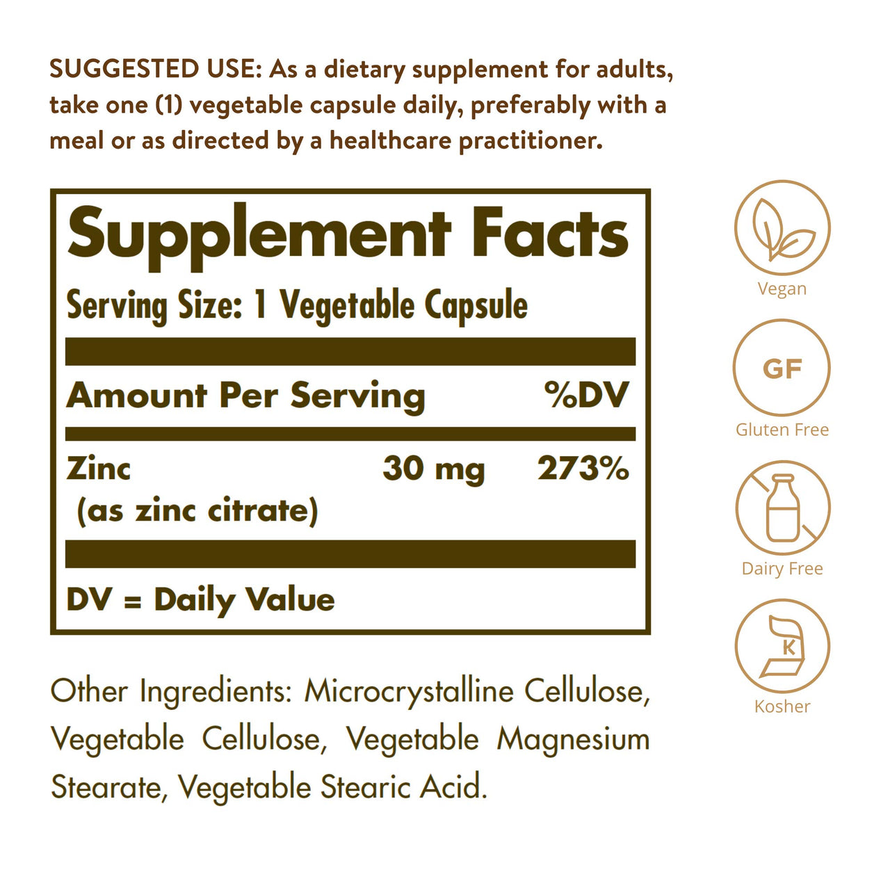 Solgar Zinc Citrate Vegetable Capsules, 100 Count, Non-GMO, Gluten Free, and Kosher, Supports Immune System Health, Healthy Skin and Eyes, Normal Taste and Vision