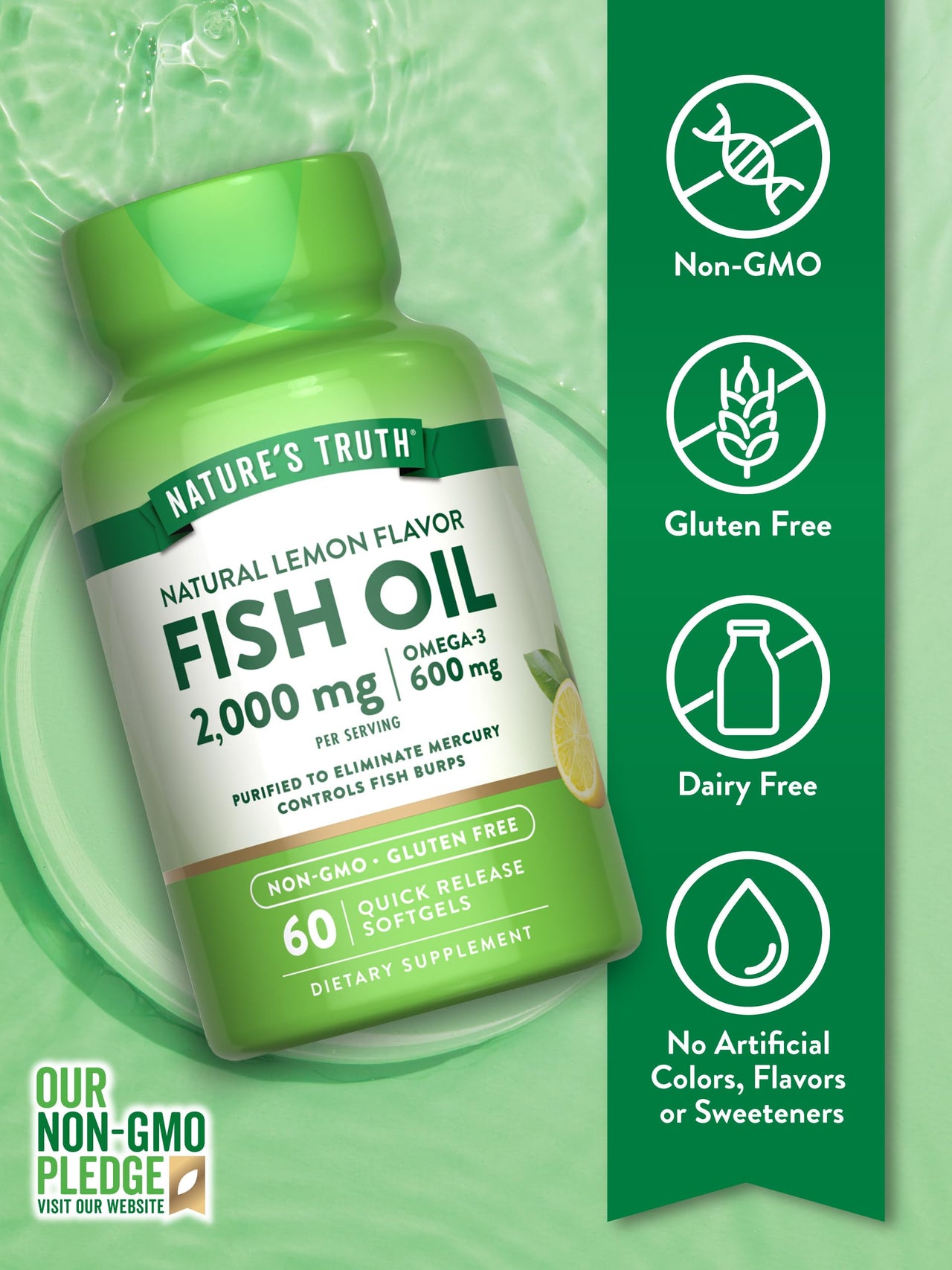 Nature's Truth Fish Oil Omega 3 Supplement | 2000mg | 60 Softgels | EPA & DHA | Lemon Flavor | Non-GMO and Gluten Free