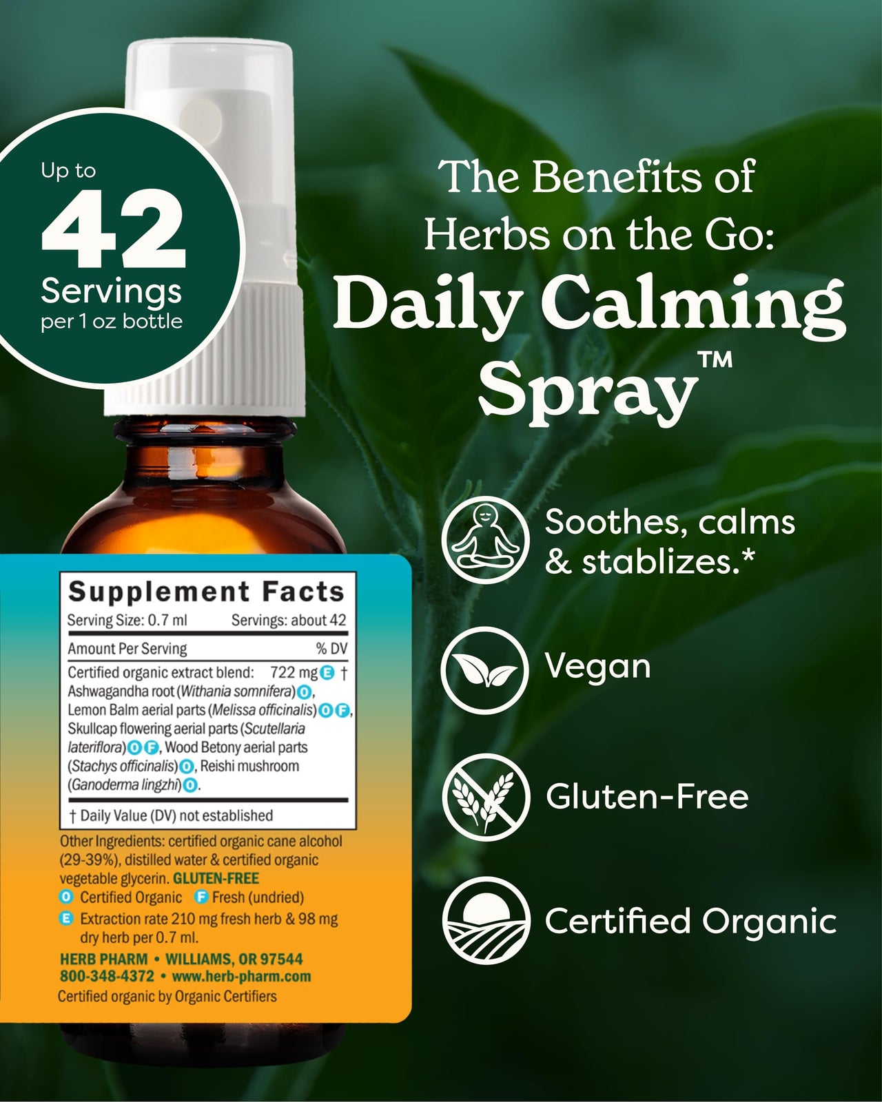 Herb Pharm Herbs on The Go Certified Organic Daily Calming Portable Spray, Adaptogenic Support*, 1 Ounce