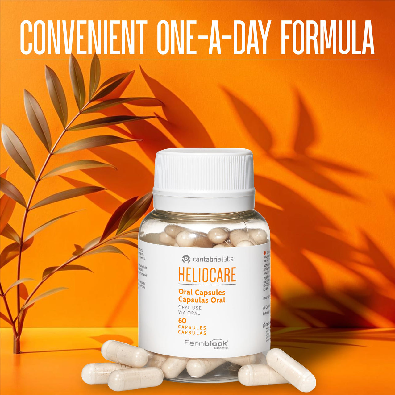 CANTABRIA LABS Heliocare Dietary Supplement: 240mg Polypodium Leucotomos Extract Pills - Antioxidant Rich Formula with Fernblock and PLE Technology - 60 Veggie Capsules