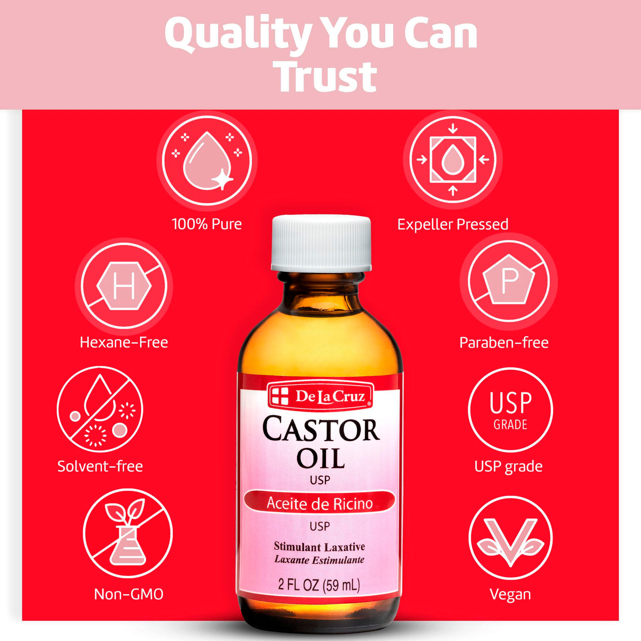 De La Cruz Castor Oil - 100% Pure Expeller Pressed Castor Oil for Nourishing Skin, Hair, Eyelashes, and Eyebrows - Natural Laxative USP Grade, 2 FL Oz (6 Bottles)
