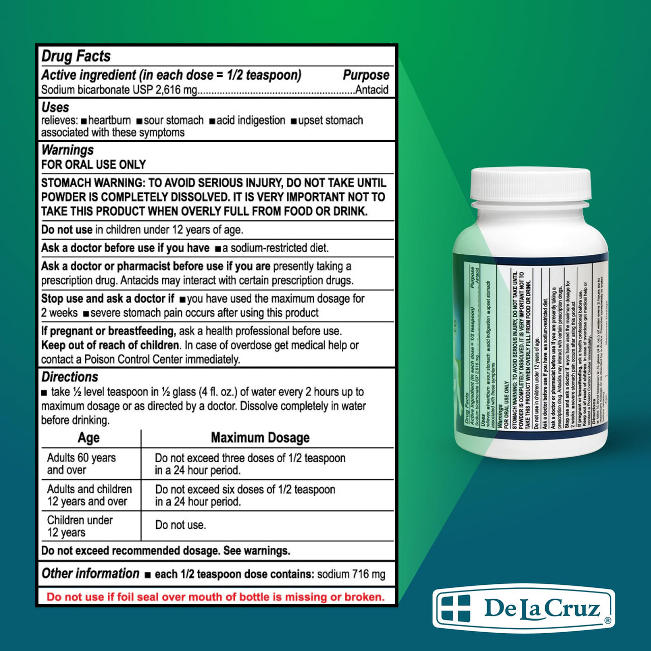 De La Cruz Pure Sodium Bicarbonate Powder – Baking Soda & Baking Powder Aluminium free Antacid for Heartburn & Indigestion – Packed in USA – 4 oz (2-Bottles)