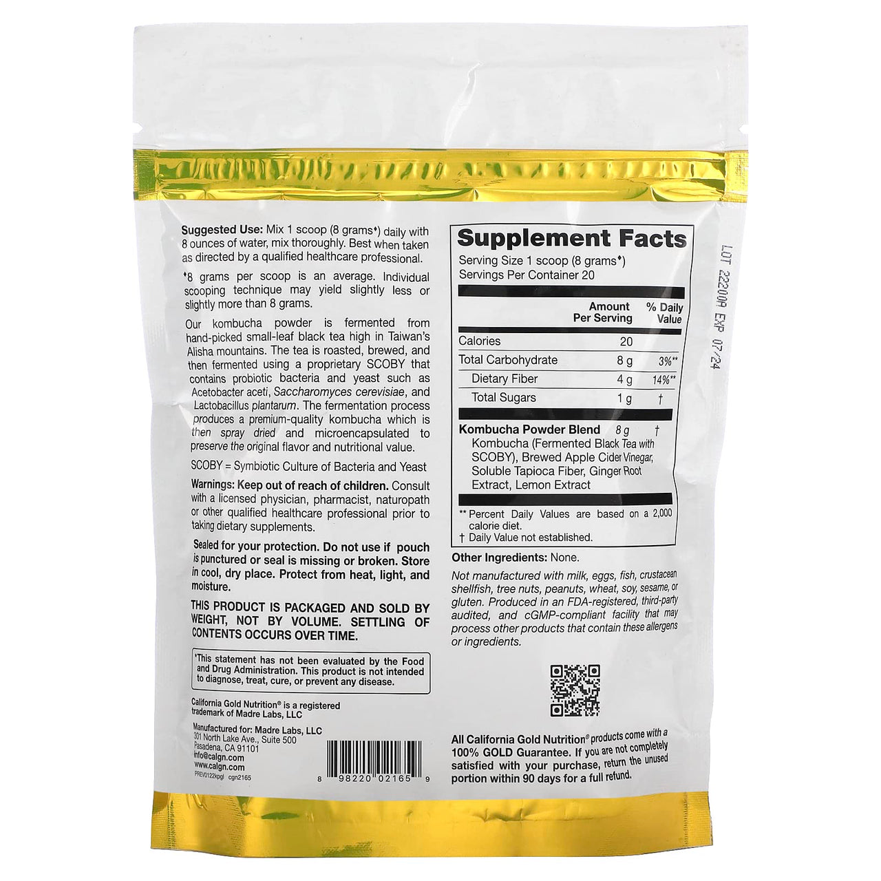 California Gold Nutrition Superfoods, Kombucha Powder, Ginger Lemon, 5.64 oz (160 g)