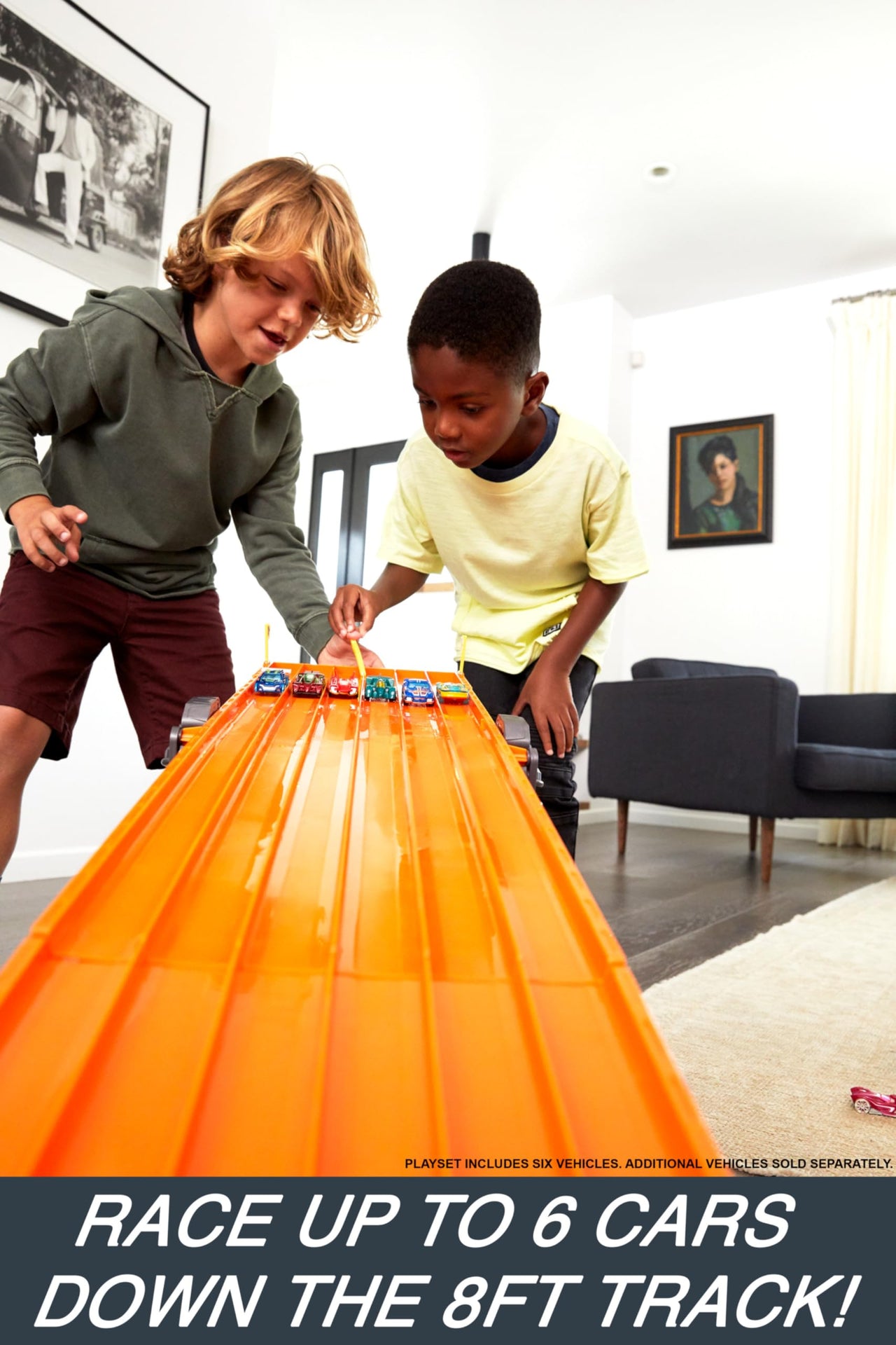 Hot Wheels Toy Car Playset with Lights, Sounds & 6 1:64 Scale Vehicles, Super 6-Lane Raceway, 8-foot Track that Rolls Up for Storage (Amazon Exclusive)