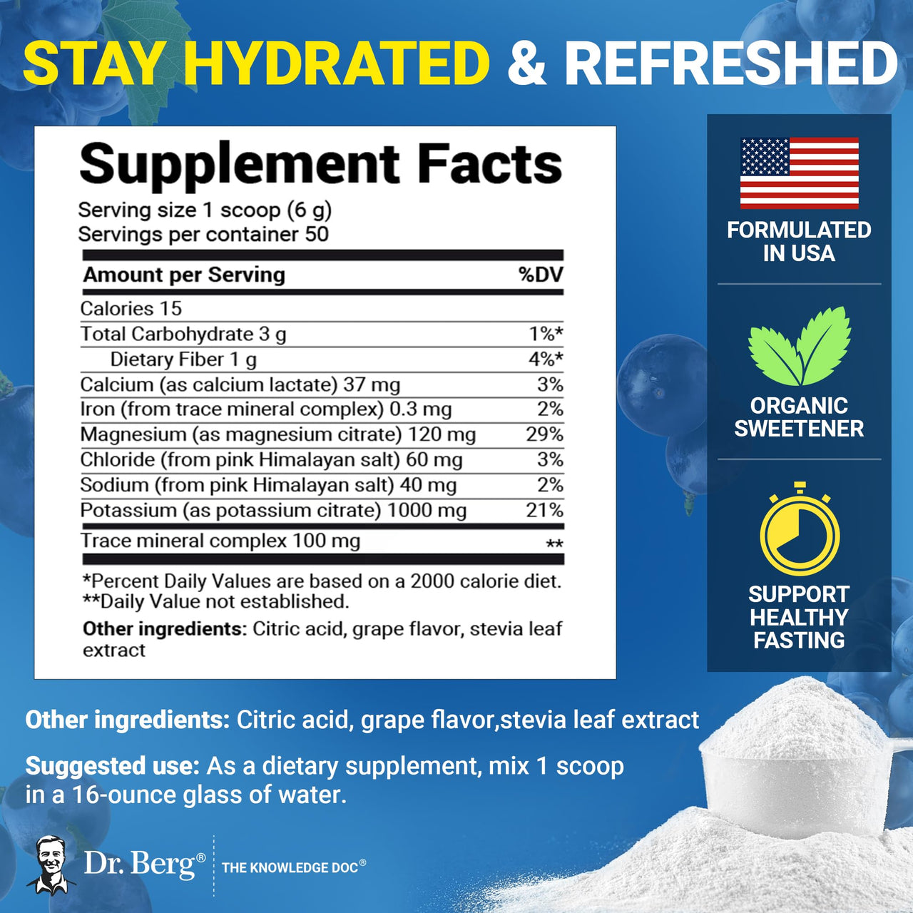 Dr. Berg Zero Sugar Hydration Keto Electrolyte Powder - Enhanced w/ 1000 mg of Potassium & Real Pink Himalayan Salt (NOT Table Salt) - Grape Flavor Hydration Drink Mix Supplement - 50 Servings