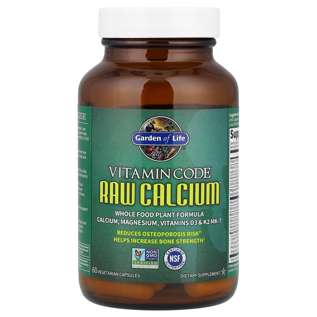 Garden of Life Raw Calcium Supplement for Women and Men - Vitamin Code Made from Whole Foods with Magnesium, K2, Vitamin D3 and Vitamin C Plus Probiotics for Digestion, 60 Capsules