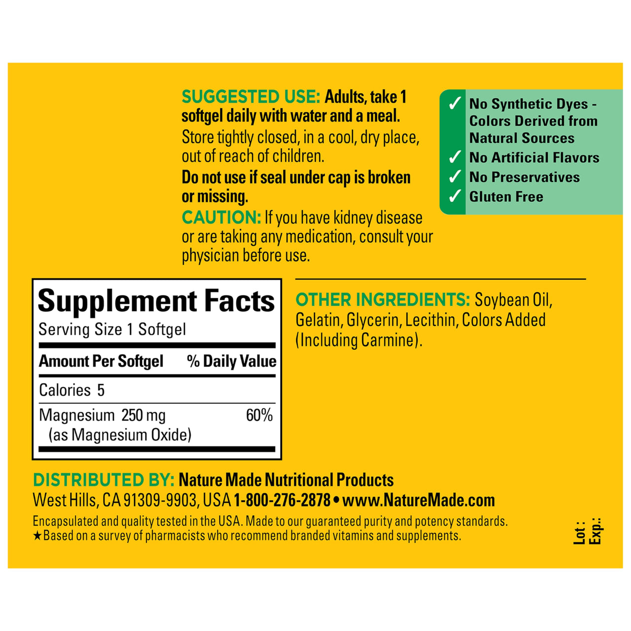Nature Made Magnesium 250 mg, Magnesium Supplements for Men and Women, Support for Muscle, Heart, Bone and Nerve Health, 90 Softgels, 90 Day Supply