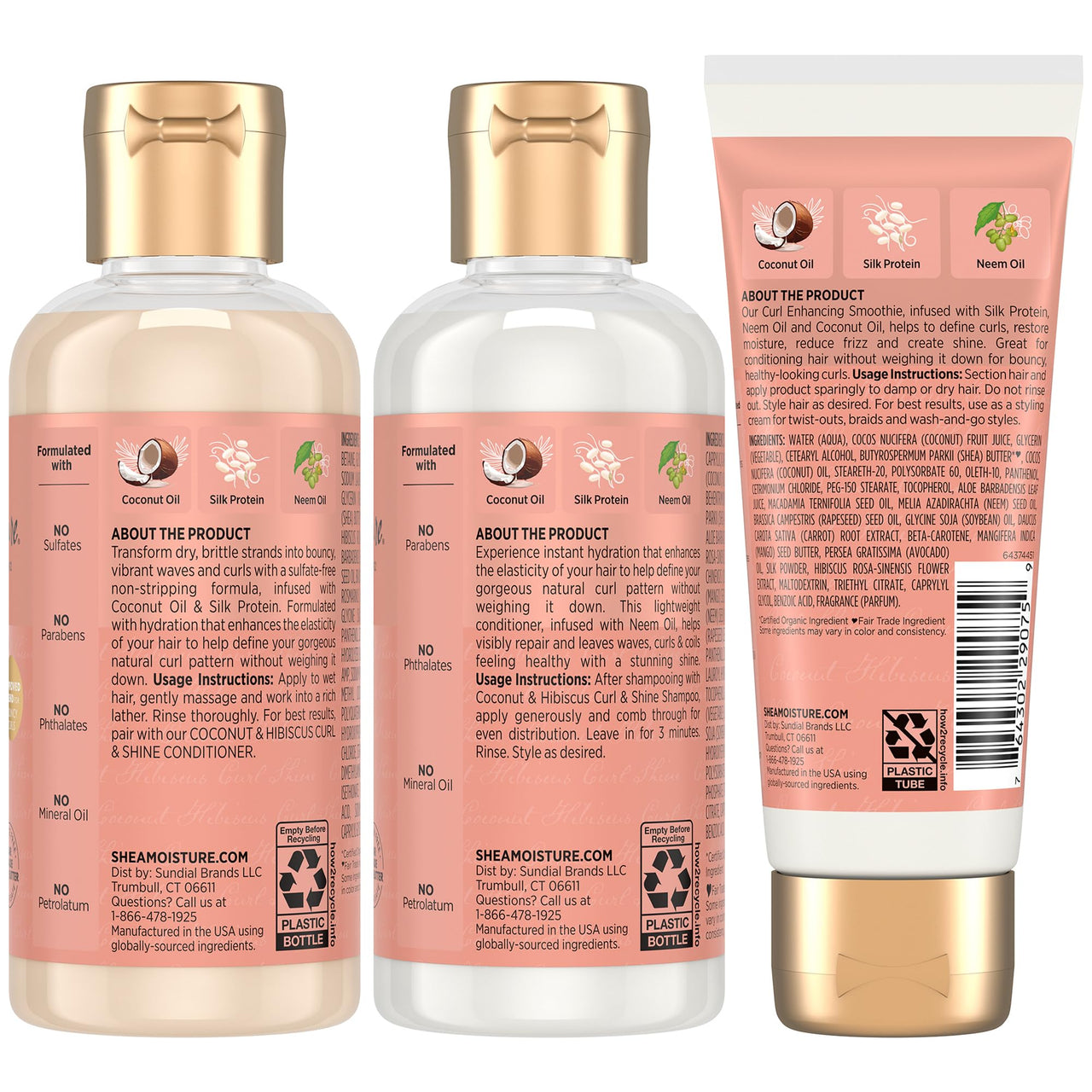 SheaMoisture Travel Essentials Hair Care Bundle, Coconut & Hibiscus Curl & Shine Shampoo & Conditioner + Curl Enhancing Smoothie for Bouncy Curls, Frizz Control, 3.2 Oz Ea