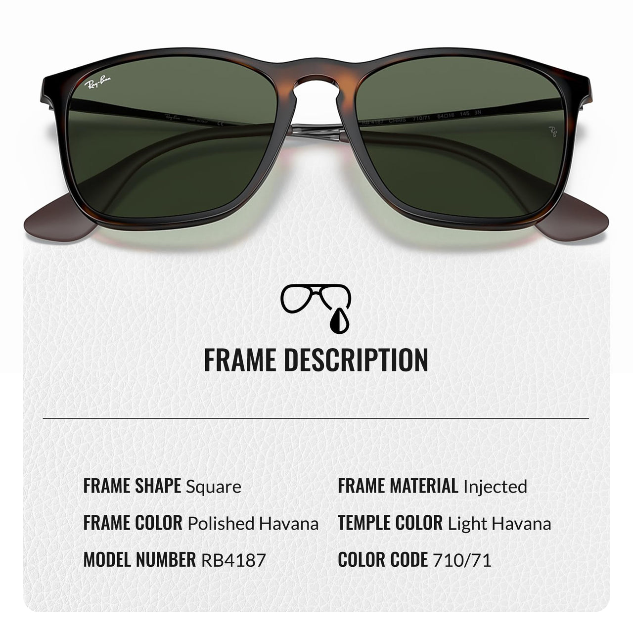 Ray-Ban RB4187 CHRIS Square Shaped Non-Polarized Sunglasses for Men – Includes Official RAYBAN Eyewear Kit – Ideal Formal & Casual Wear Sunglasses – Dark Green Lens