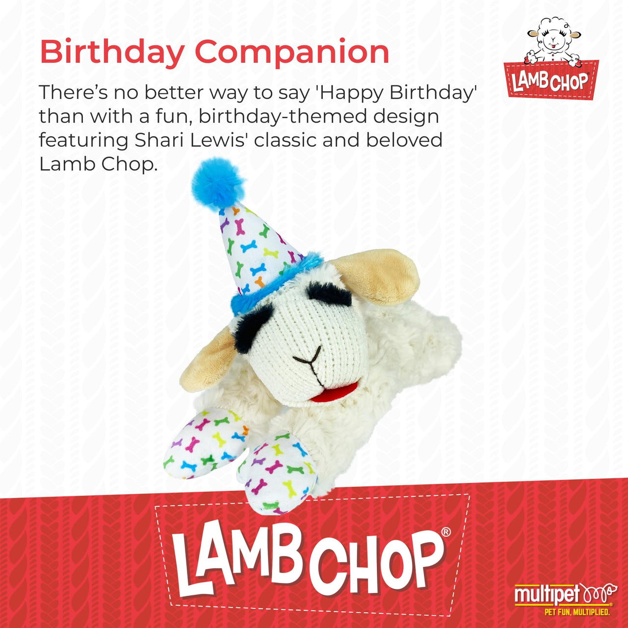 Multipet Lamb Chop Dog Plush Toy w/Birthday Hat - Squeaky Toy for All Dogs - Extra Soft Plush - Stuffed Animal for Cuddling & Playing (10.5", Blue Hat, 5 Squeakers)
