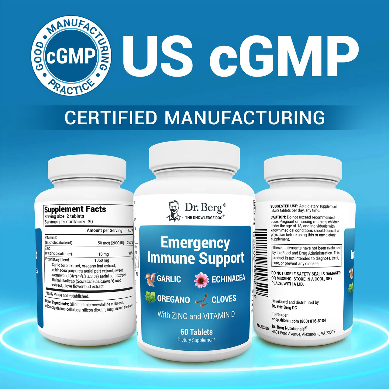 Dr. Berg Emergency Immune Support w/Echinacea - Potent Blend of Herbal Extracts (Warning: Strong Herbal Smells) - Immune Support Supplement Includes 2,000 IUs of Vitamin D & 10mg of Zinc - 60 Tablets