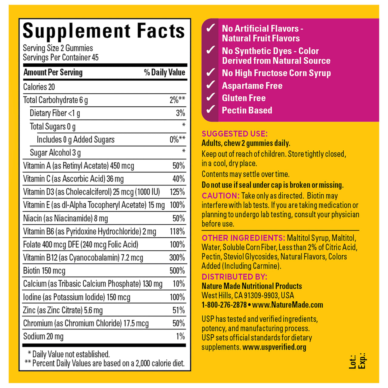 Nature Made Zero Sugar Multivitamin Women's Gummies, Bone & Immune Support, Aspartame Free, 90 Sugar Free Multivitamin Gummies, 45 Day Supply