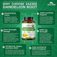 Thumbnail for Zazzee USDA Organic Dandelion Root 10:1 Extract, 3000 mg Strength, 120 Capsules, 4 Month Supply, Standardized and Concentrated 10X Extract, 100% Vegetarian, All-Natural and Non-GMO