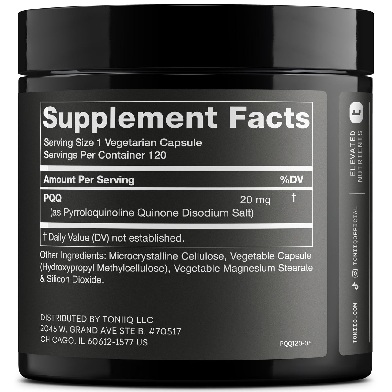 Toniiq 99%+ 20mg Supplement - Ultra High Purity PQQ 20mg Concentrated Formula - PQQ 20 mg 120 Capsules - Pyrroloquinoline Quinone Supplement - 1 Capsule Serving - Vegetarian Capsules