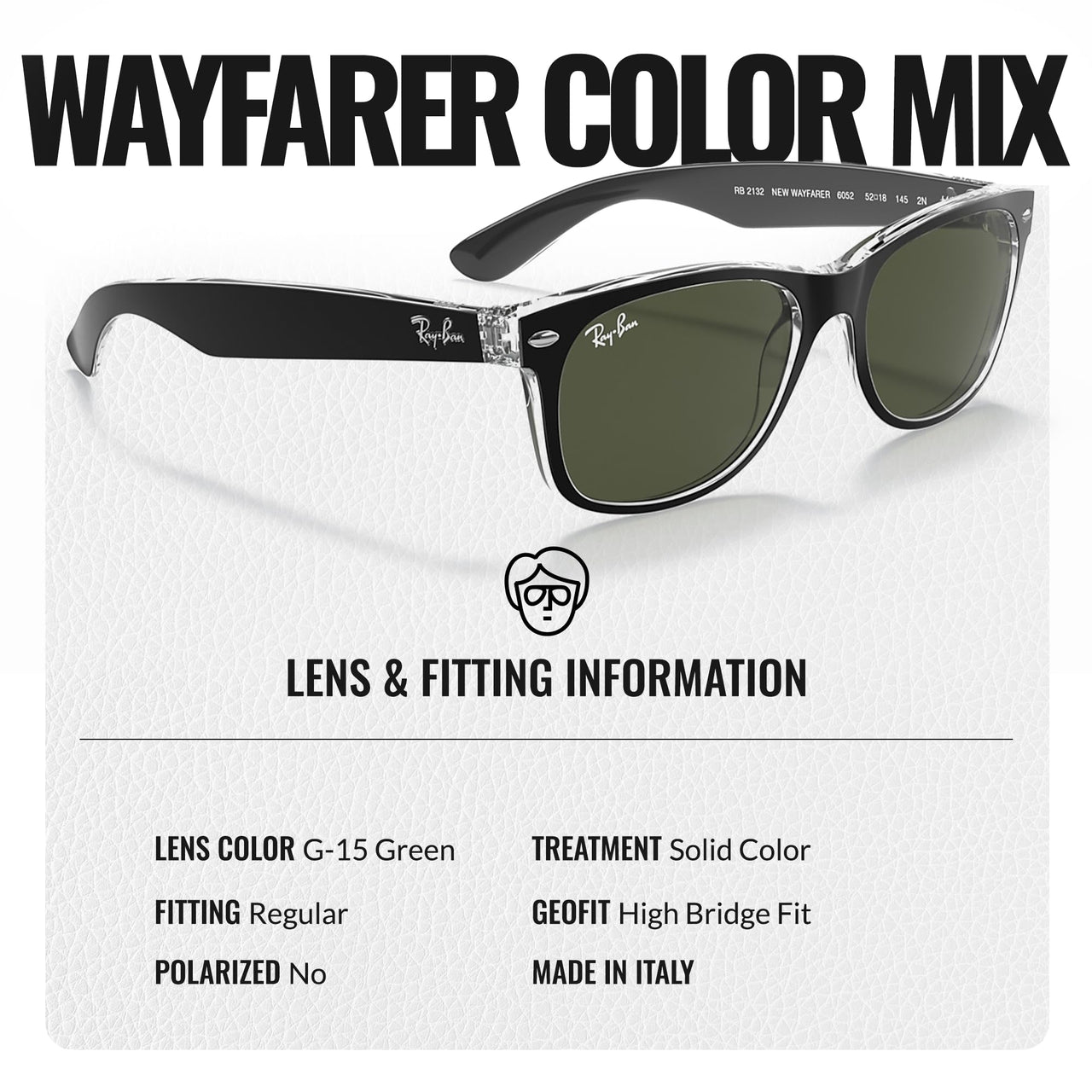 Ray-Ban RB2132 NEW WAYFARER COLOR MIX Square Shaped Non-Polarized Sunglasses for Men & Women – Includes Official RAYBAN Eyewear Kit – Ideal Formal & Casual Wear Sunglasses – G-15 Green Lens