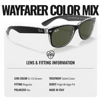 Thumbnail for Ray-Ban RB2132 NEW WAYFARER COLOR MIX Square Shaped Non-Polarized Sunglasses for Men & Women – Includes Official RAYBAN Eyewear Kit – Ideal Formal & Casual Wear Sunglasses – G-15 Green Lens