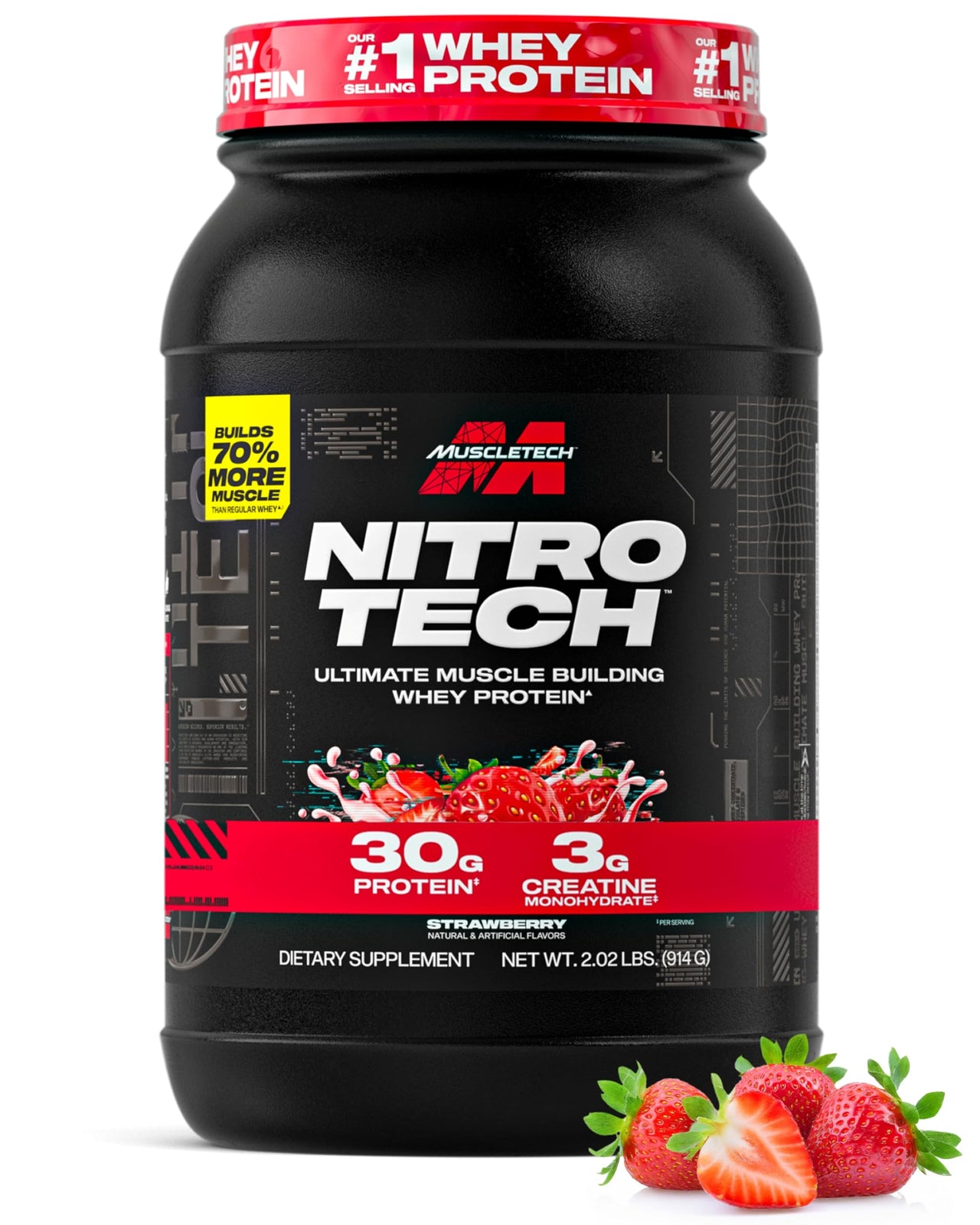 Muscletech Whey Protein Powder (Strawberry, 2.2 Pound) - Nitro-Tech Ultimate Muscle Building Formula with Whey Protein Isolate & Peptides - 30g of Protein, 3g of Creatine & 6.8g of BCAA