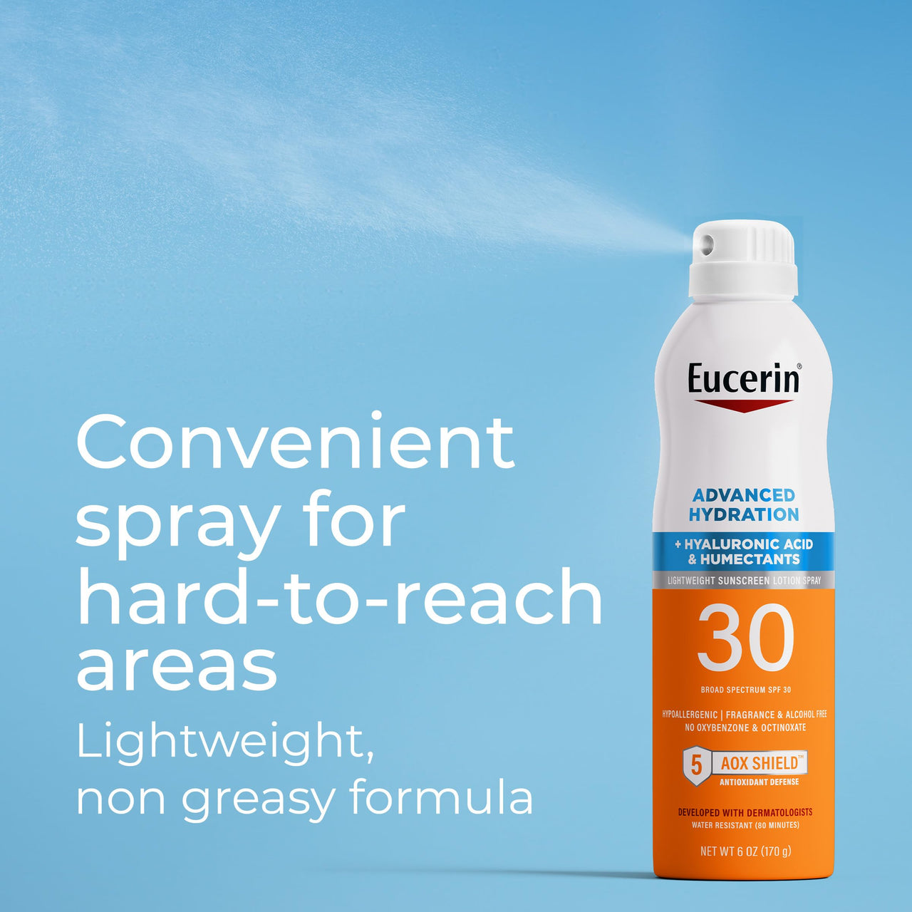 Eucerin Advanced Hydration SPF 30 Sunscreen Spray, Lightweight Spray Sunscreen with Hyaluronic Acid and Humectants, Hypoallergenic, Fragrance and Alcohol Free, 6 Oz Bottle