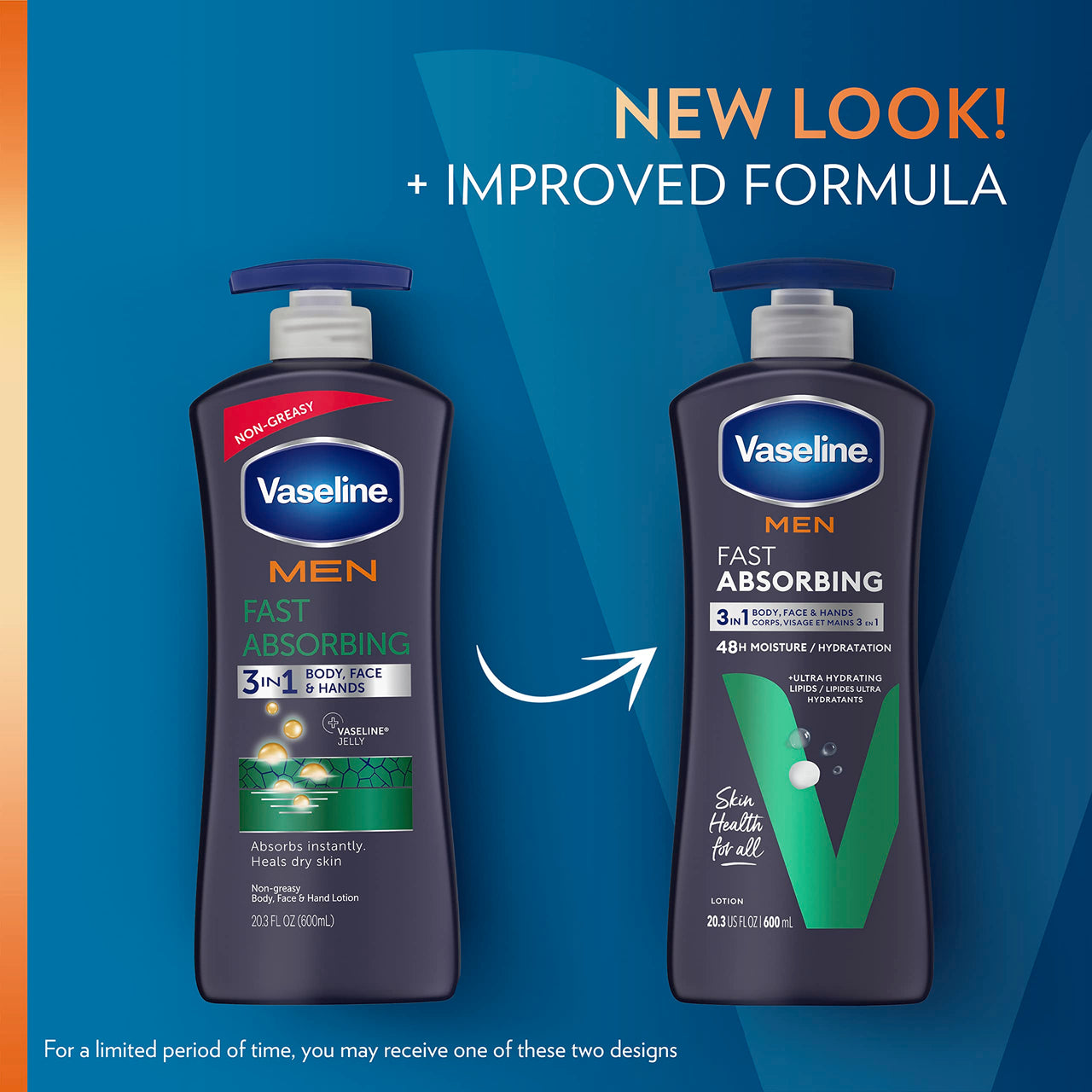 Vaseline Men Fast Absorbing 3-in-1 Face, Hands & Body Lotion for Men, 4 pack For Dry Skin,Absorbs in Just 15 Seconds for Moisturized Skin 20.3 Oz