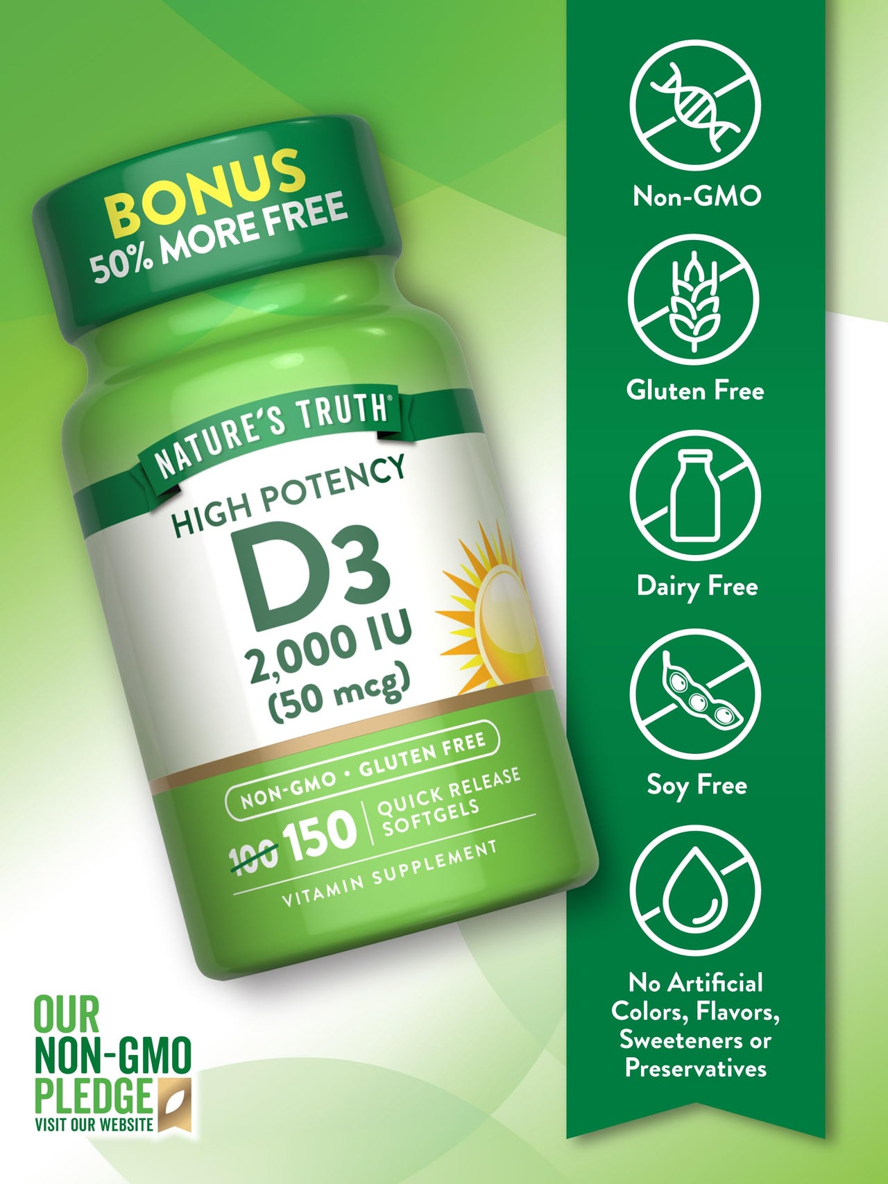 Nature's Truth Vitamin D3 2000 IU Softgels for Adults | 150 Count | High Potency | Non-GMO and Gluten Free Supplement
