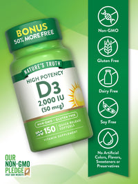 Thumbnail for Nature's Truth Vitamin D3 2000 IU Softgels for Adults | 150 Count | High Potency | Non-GMO and Gluten Free Supplement