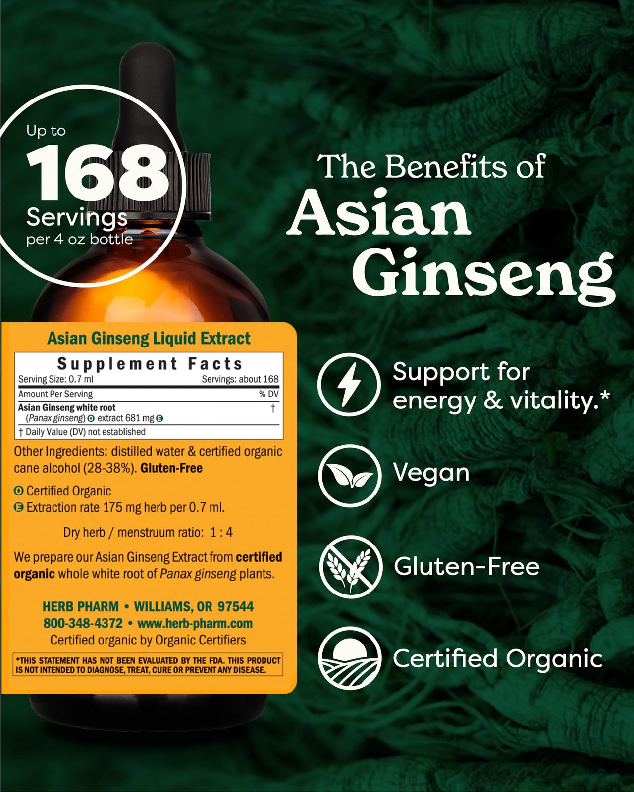 Herb Pharm Asian (Panax) Ginseng Liquid Extract for Energy and Stamina Support - 4 Ounce