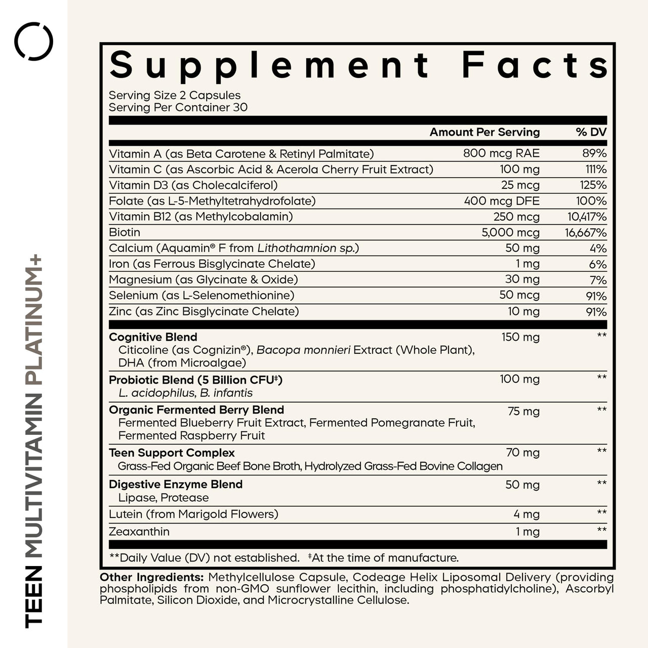 Codeage Teen Multivitamin+ Platinum Supplement - Vitamins A, C, D3, E, B6, B12, Minerals, Probiotics, Citicoline, Collagen, Bone Broth, Folate, Biotin, Lutein, Zeaxanthin - Non-GMO - 60 Capsules