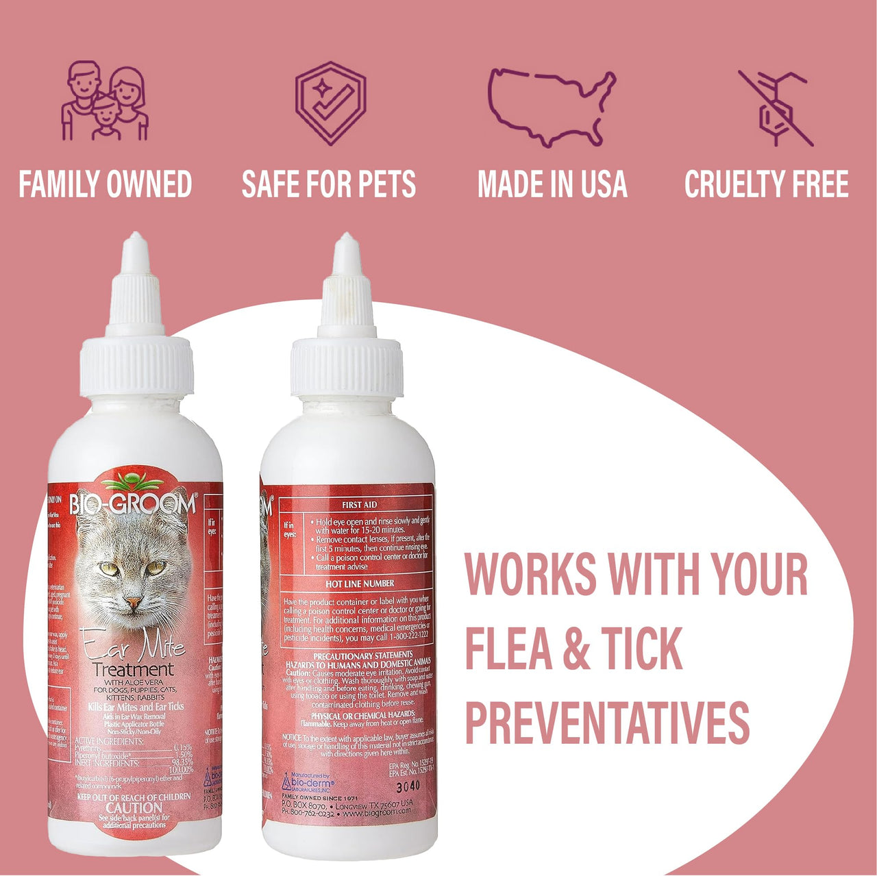 Bio-Groom Ear Mite Treatment - Dog Ear Infection Treatment, Cruelty-Free, Made in USA, Dog Ear Drops, Gentle Wax Remover, Ear Cleaner for Dogs and Cats - 4 fl oz 1-Pack
