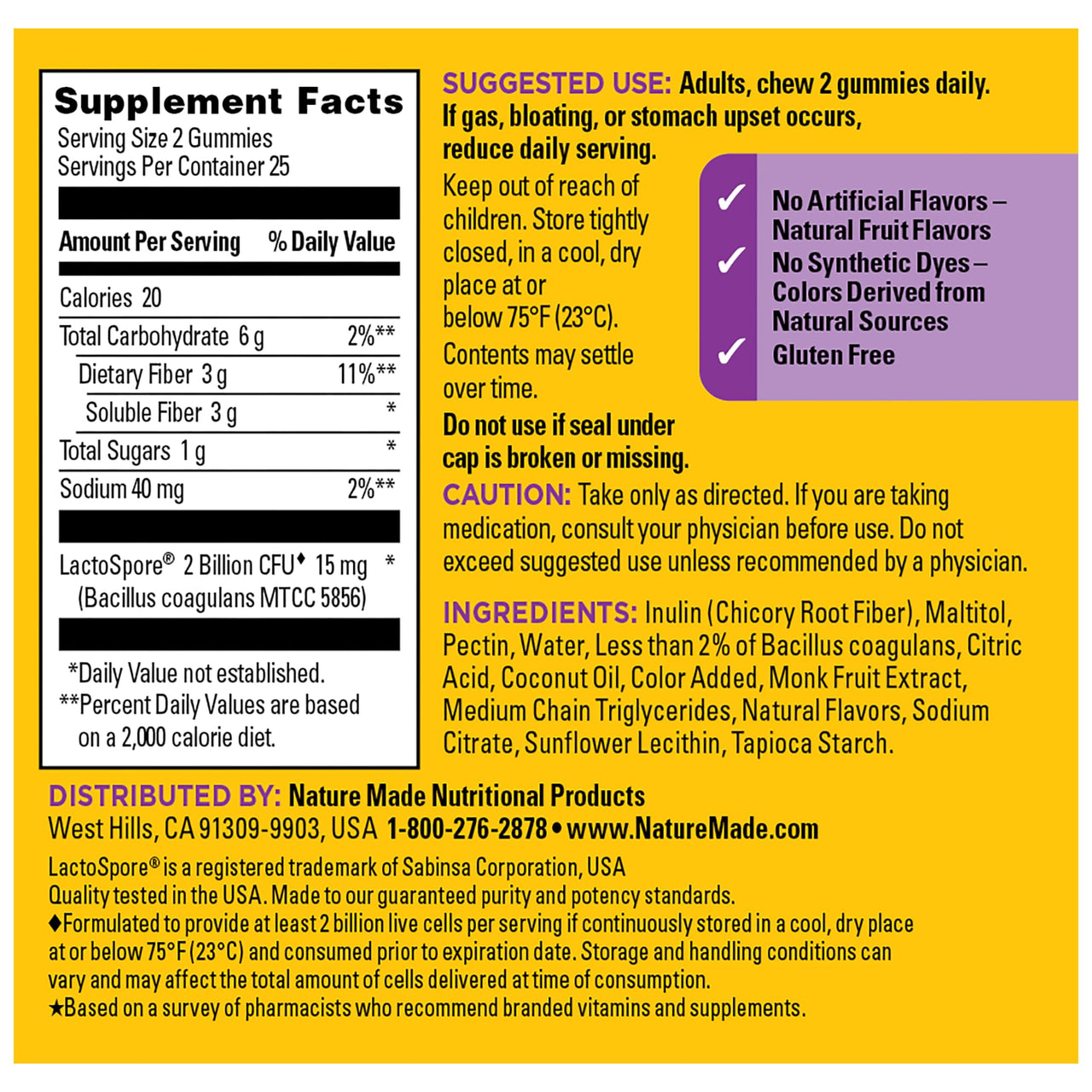 Nature Made Probiotic + Prebiotic Fiber Gummies for Daily Gut Health, Fiber Supplement with Probiotics for Digestive Health Support, 50 Gummies, 25 Day Supply