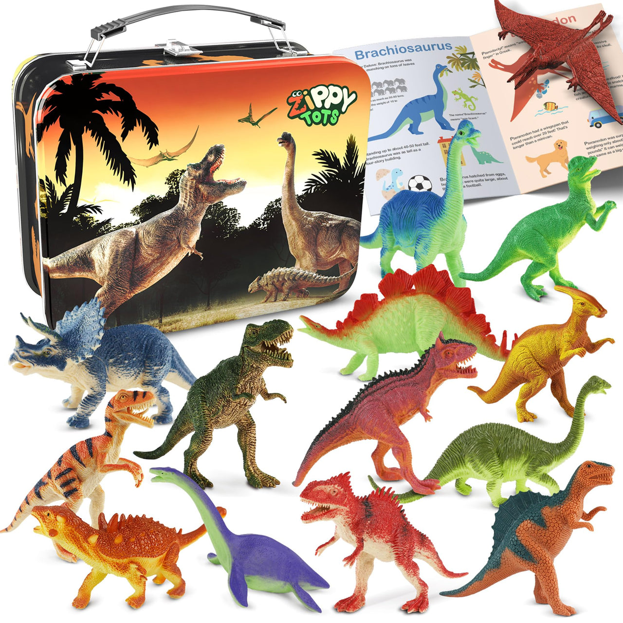 Zippytots Dinosaur Toys for Kids 3-5-7-14 Realistic Plastic Dinosaur Figures with Metal Storage Box & Learning Booklet - Educational Dino Figure Toys for Boys Girls Toddlers