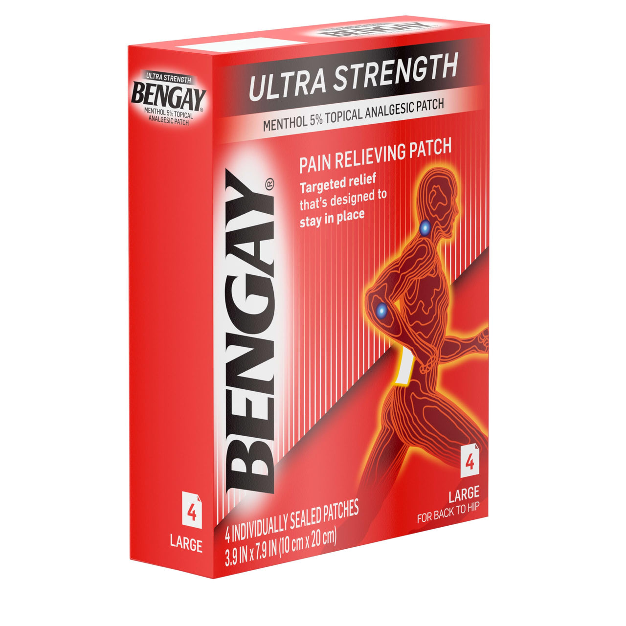 Ultra Strength Bengay Pain Relief Patches, Large Topical Analgesic Menthol Patches for Muscle & Joint Pain Due to Backaches, Minor Arthritis, Sprains, & Strains, 3.9 x 7.9 inches, 4 Count