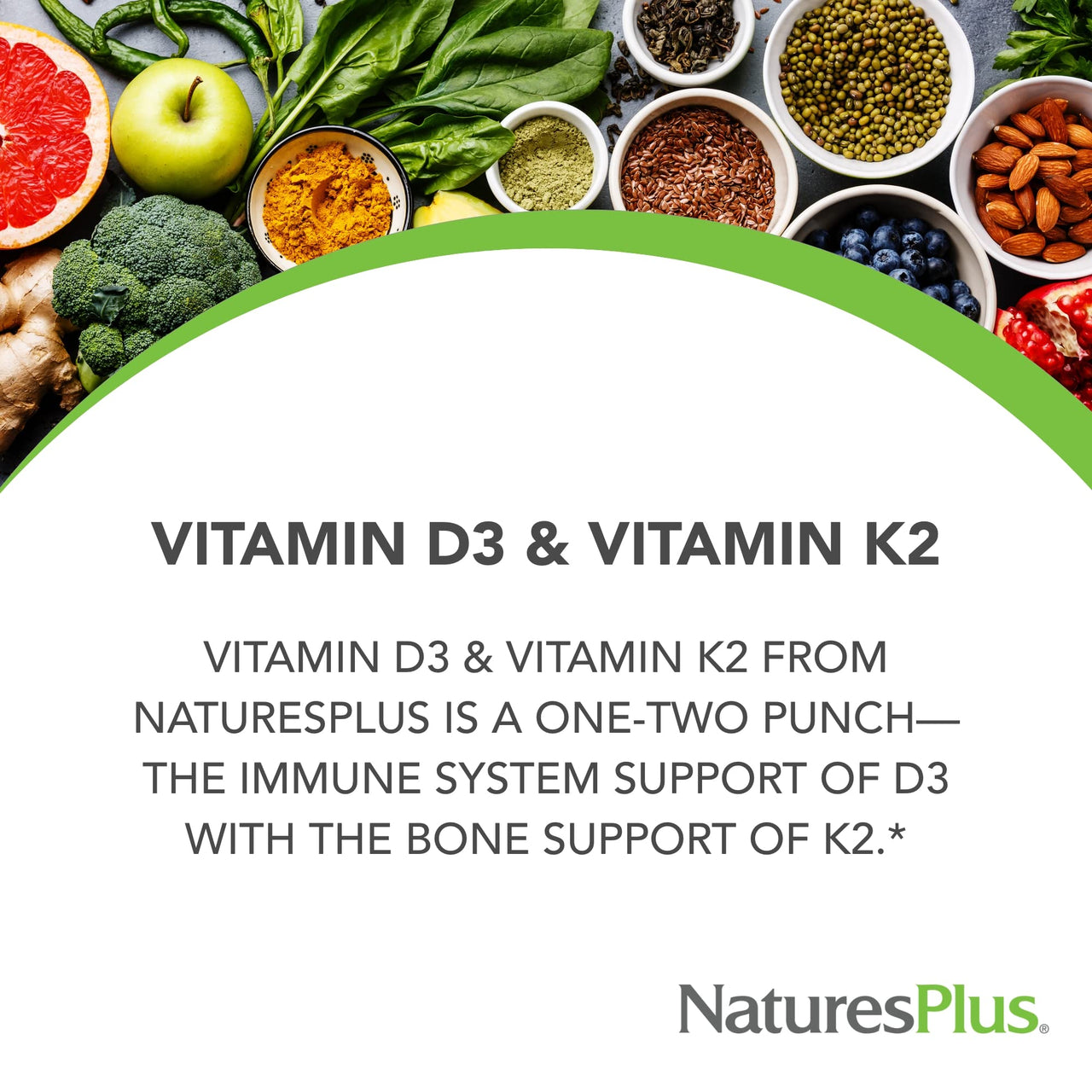 NaturesPlus Vitamins D3 (1000 IU) & K2 (100 mcg) - Vegetarian, Gluten Free - 90 Capsules, 90 Servings