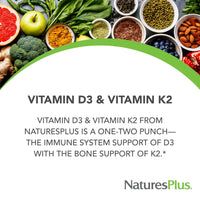 Thumbnail for NaturesPlus Vitamins D3 (1000 IU) & K2 (100 mcg) - Vegetarian, Gluten Free - 90 Capsules, 90 Servings