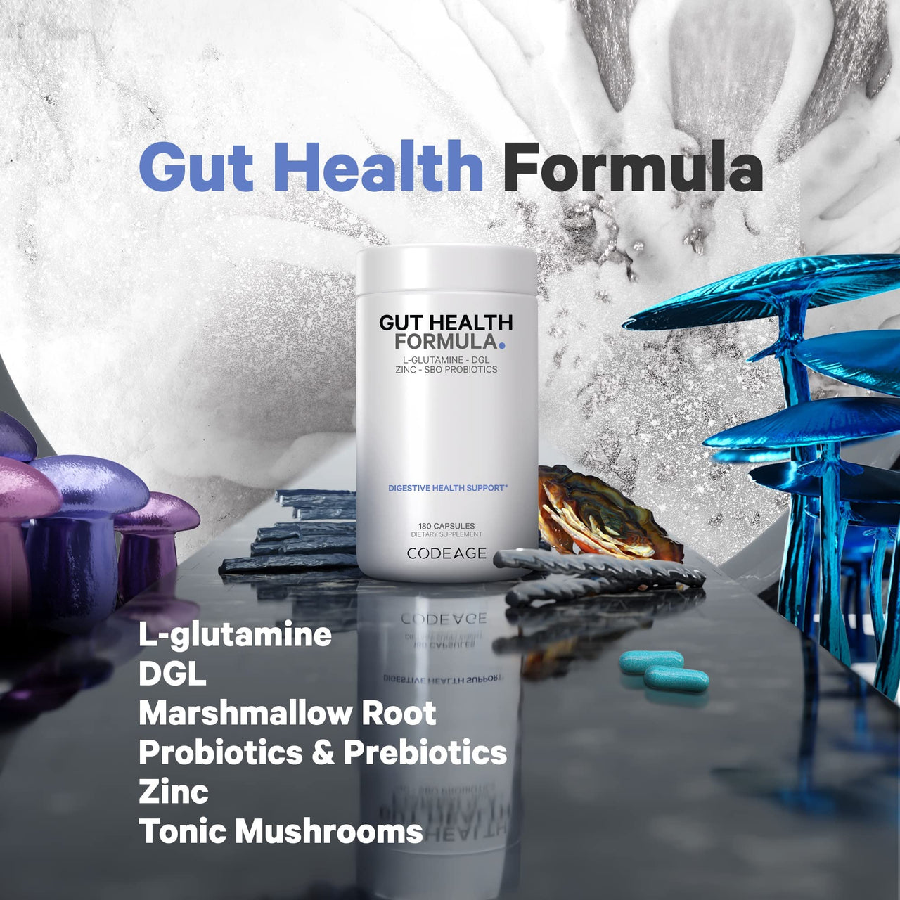 Codeage Gut Health Supplements Vegan Formula - L Glutamine, Zinc, Turkey Tail Mushroom Powder, Tonic Mushroom, Maitake, Micro Algae, Mineral, Licorice Root DGL - Probiotics, Prebiotics - 2 Pack